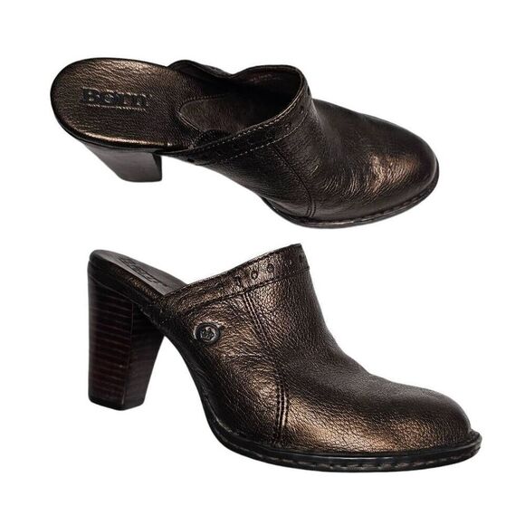Born Lella Heeled Clog Mule Pewter Brown Metallic Y2K 90's Pebbled Leather Slip - Picture 9 of 9
